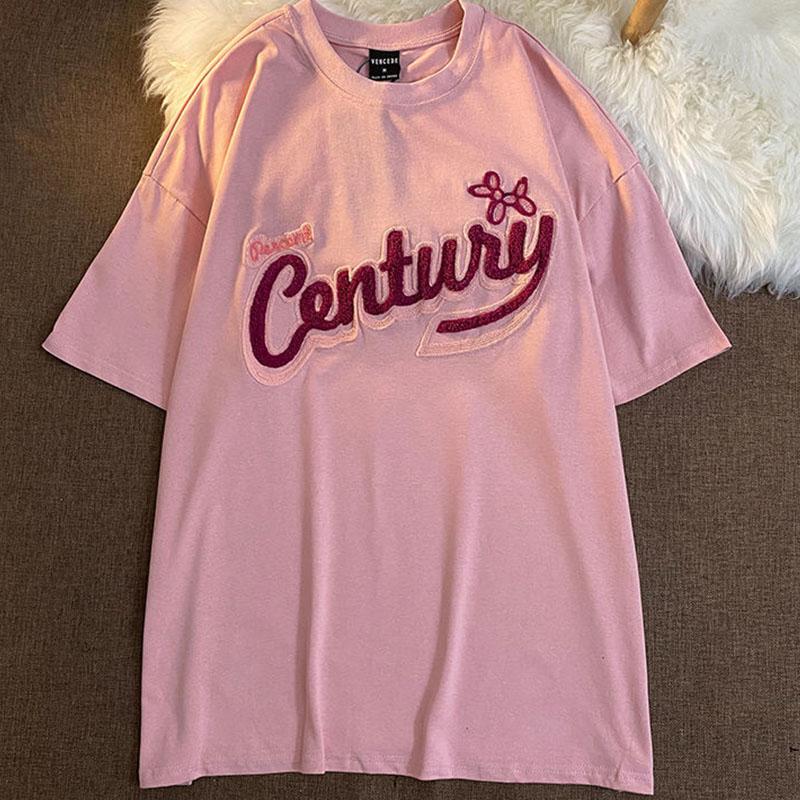 Plush embroidered Polyester Women's Summer round collar  Tees Loose Breathable  Simple Short Sleeve Harajuku all-match Cartoons style T Shirt Tops