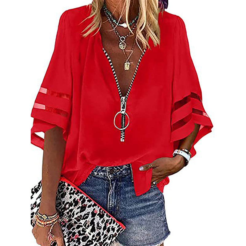 Fashion Woman Blouses 2022 Women V-neck Zip-up Shirt with Half Flared Sleeves Mesh Stitching Loose Casual Women Summer Clothing