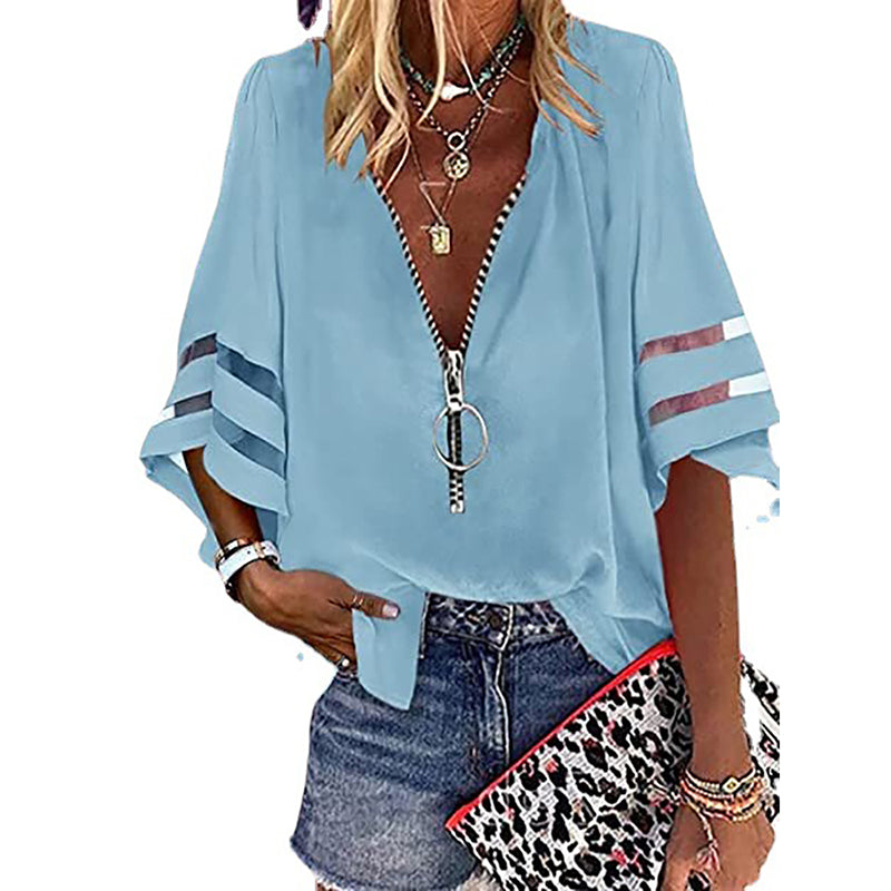 Fashion Woman Blouses 2022 Women V-neck Zip-up Shirt with Half Flared Sleeves Mesh Stitching Loose Casual Women Summer Clothing