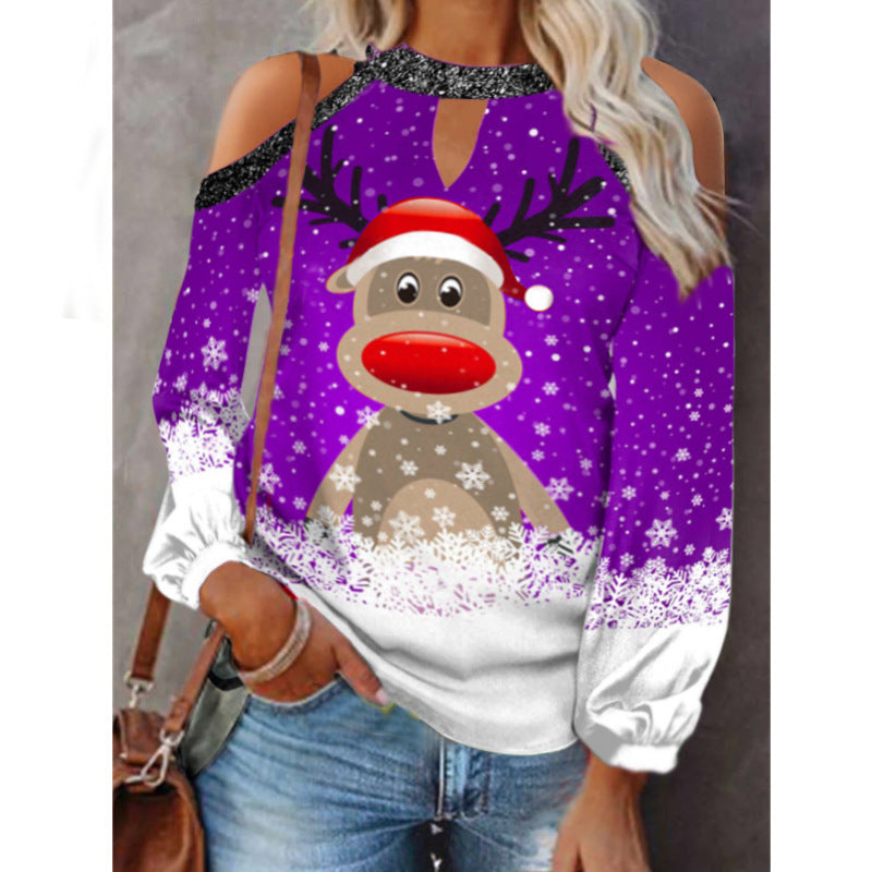 Elk Print T-Shirt Round Neck Off Shoulder Top Christmas Ladies Vintage Long Sleeve Shirt Women Sexy Tops Harajuku Graphic Tee