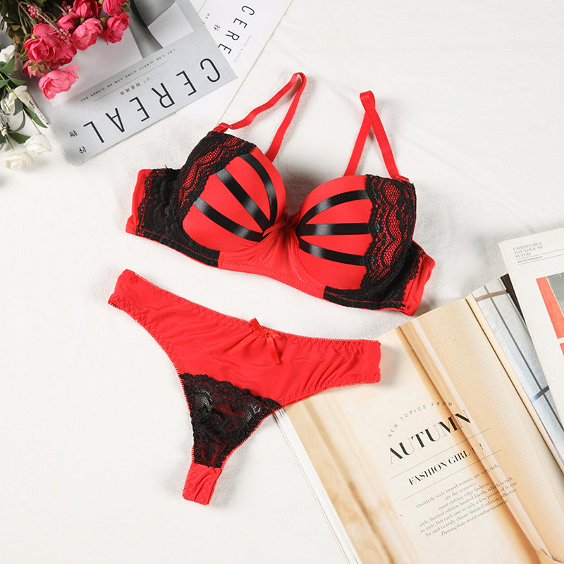 Bra Set Women Sexy Push Up Underwire Backless Lingerie Set Lace Sex Thin Gather Hollow Solid Color Bra Thong Suit Plus Size