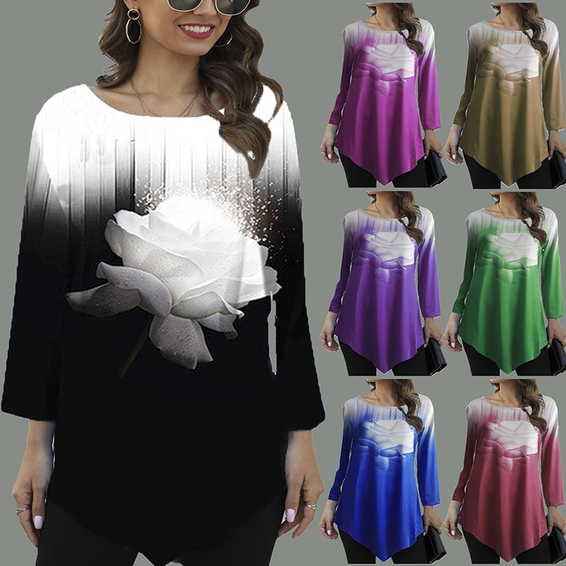 S-5XL Lightweight Breathable Gradient Floral Print O Neck Long Sleeve Asymmetric T-Shirt Basic Top