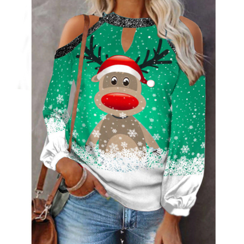 Elk Print T-Shirt Round Neck Off Shoulder Top Christmas Ladies Vintage Long Sleeve Shirt Women Sexy Tops Harajuku Graphic Tee
