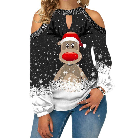 Elk Print T-Shirt Round Neck Off Shoulder Top Christmas Ladies Vintage Long Sleeve Shirt Women Sexy Tops Harajuku Graphic Tee