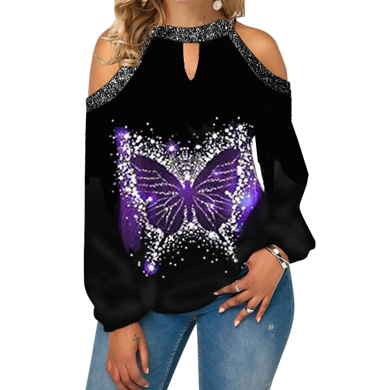 Butterfly Print T Shirt Casual Off Shoulder Cute Cat Loose Pullover Tops Fashion Autumn Clothes Long Sleeve Tops for Women 2022