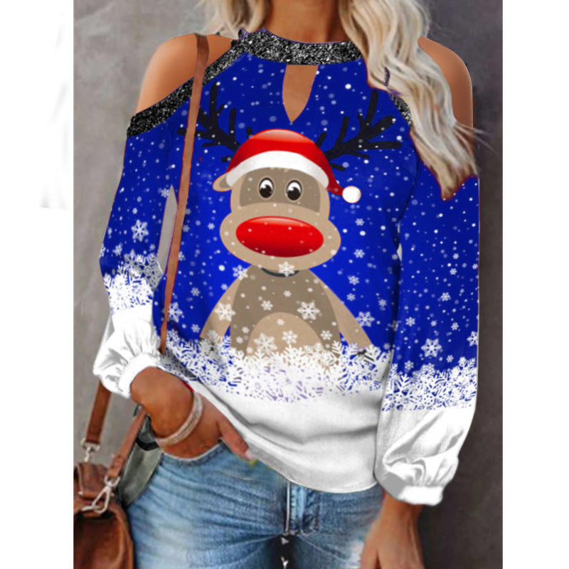 Elk Print T-Shirt Round Neck Off Shoulder Top Christmas Ladies Vintage Long Sleeve Shirt Women Sexy Tops Harajuku Graphic Tee