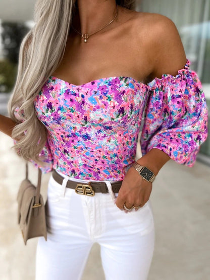 Summer Sexy Off Shoulder Blouses Women Fashion Slash Neck Tube Top Floral Puff Sleeve Blouse Women Vintage Print Crop Top Shirts