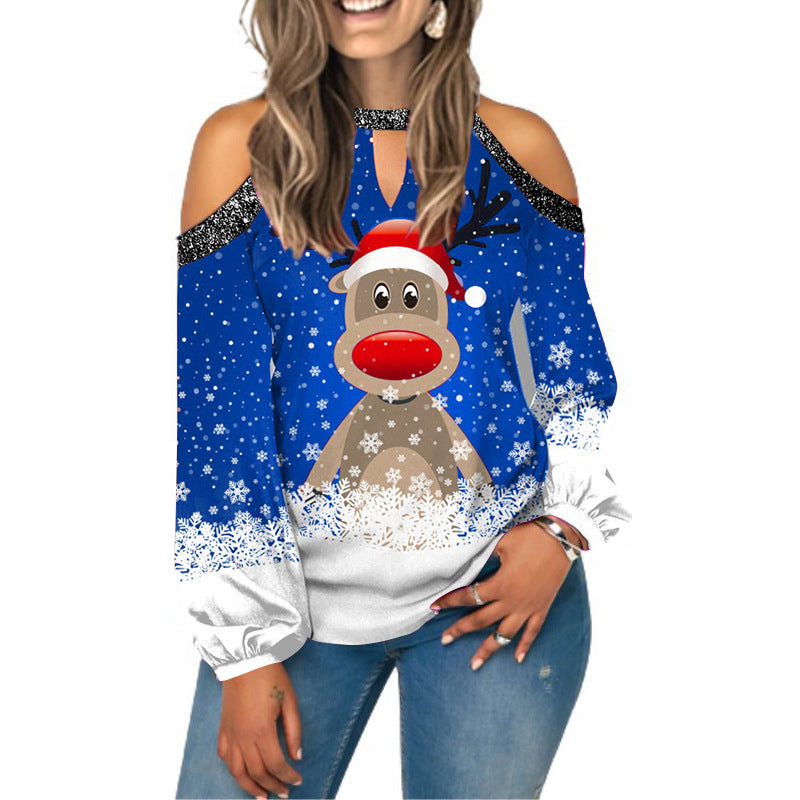 Elk Print T-Shirt Round Neck Off Shoulder Top Christmas Ladies Vintage Long Sleeve Shirt Women Sexy Tops Harajuku Graphic Tee
