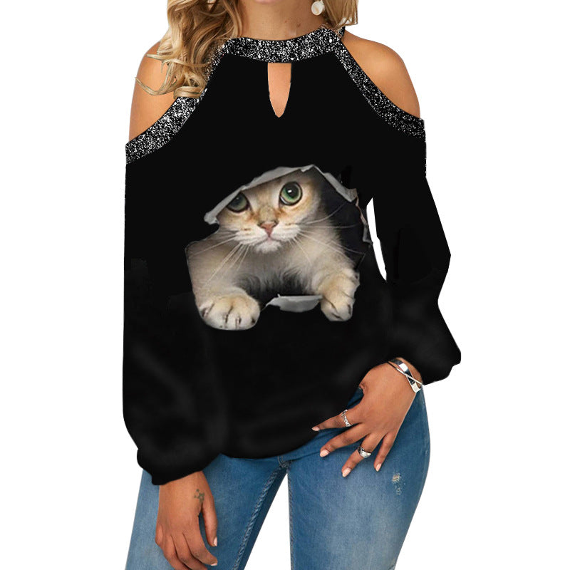 Butterfly Print T Shirt Casual Off Shoulder Cute Cat Loose Pullover Tops Fashion Autumn Clothes Long Sleeve Tops for Women 2022