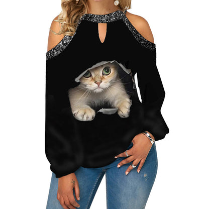 Butterfly Print T Shirt Casual Off Shoulder Cute Cat Loose Pullover Tops Fashion Autumn Clothes Long Sleeve Tops for Women 2022