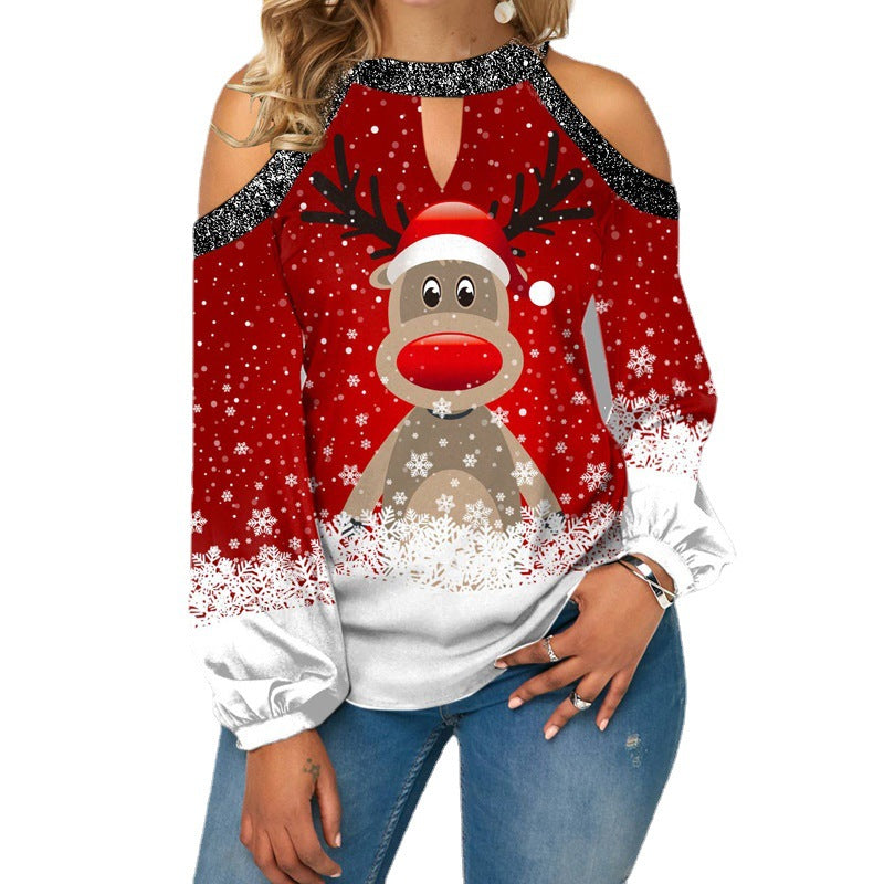 Elk Print T-Shirt Round Neck Off Shoulder Top Christmas Ladies Vintage Long Sleeve Shirt Women Sexy Tops Harajuku Graphic Tee