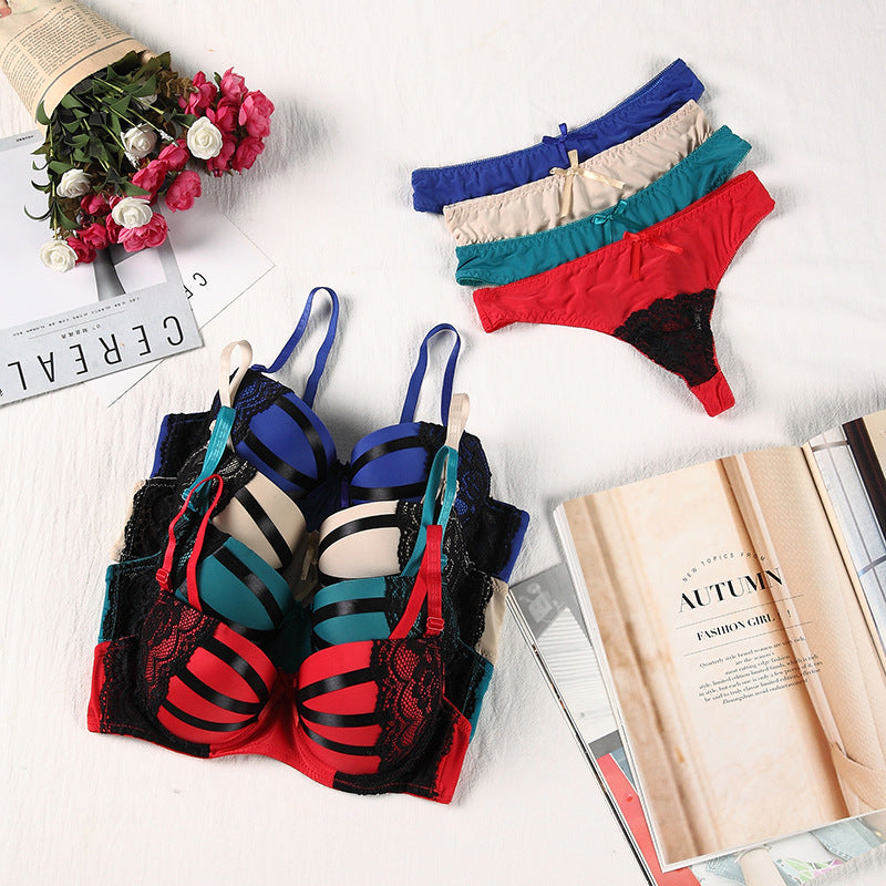 Bra Set Women Sexy Push Up Underwire Backless Lingerie Set Lace Sex Thin Gather Hollow Solid Color Bra Thong Suit Plus Size