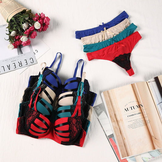 Bra Set Women Sexy Push Up Underwire Backless Lingerie Set Lace Sex Thin Gather Hollow Solid Color Bra Thong Suit Plus Size