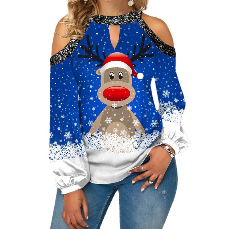 Elk Print T-Shirt Round Neck Off Shoulder Top Christmas Ladies Vintage Long Sleeve Shirt Women Sexy Tops Harajuku Graphic Tee