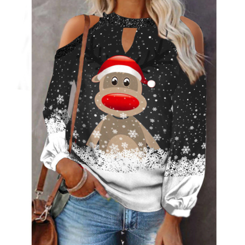 Elk Print T-Shirt Round Neck Off Shoulder Top Christmas Ladies Vintage Long Sleeve Shirt Women Sexy Tops Harajuku Graphic Tee