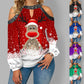 Elk Print T-Shirt Round Neck Off Shoulder Top Christmas Ladies Vintage Long Sleeve Shirt Women Sexy Tops Harajuku Graphic Tee