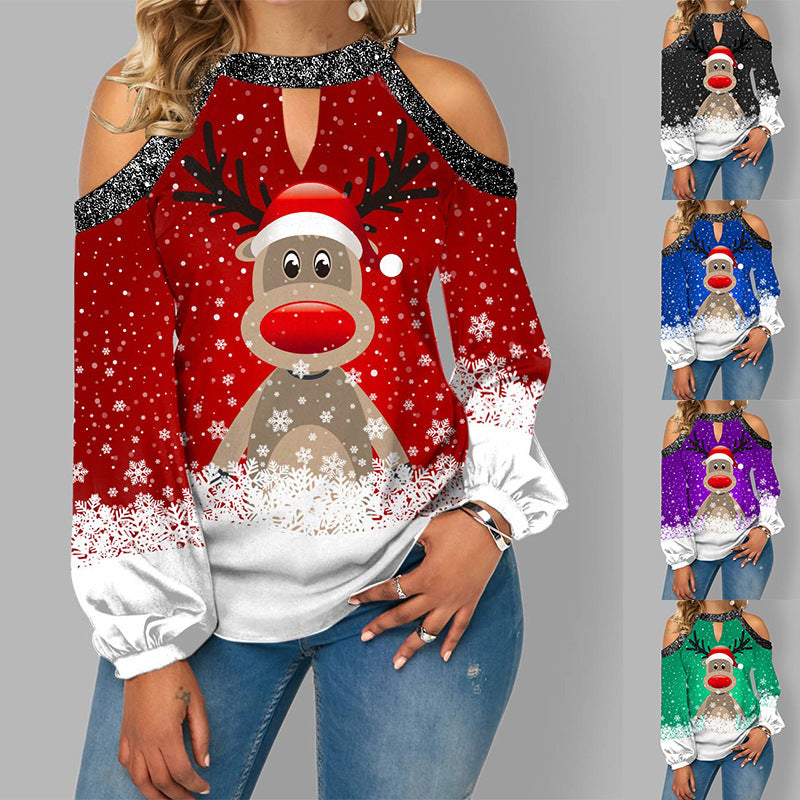 Elk Print T-Shirt Round Neck Off Shoulder Top Christmas Ladies Vintage Long Sleeve Shirt Women Sexy Tops Harajuku Graphic Tee