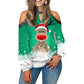 Elk Print T-Shirt Round Neck Off Shoulder Top Christmas Ladies Vintage Long Sleeve Shirt Women Sexy Tops Harajuku Graphic Tee