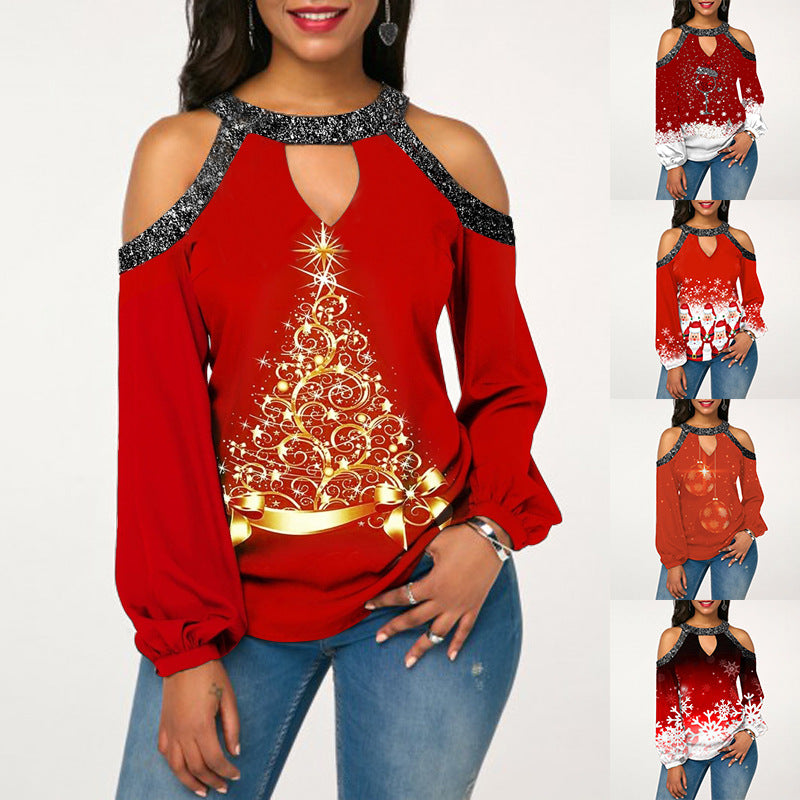 Printed T-shirt Sparkling Stitching Off Shoulder Festival-themed Shirt Women's Long-sleeved Blouse Sexy Halter Streetwear Shirts