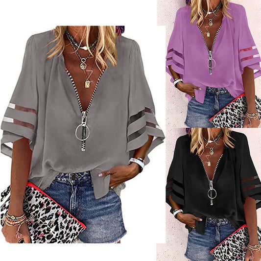 Fashion Woman Blouses 2022 Women V-neck Zip-up Shirt with Half Flared Sleeves Mesh Stitching Loose Casual Women Summer Clothing