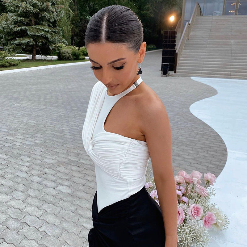 Sexy Pleated Jumpsuit One Shoulder Backless Twist Bodysuits Women Long Sleeve Top Slim High Waist Bodysuit Club Party Skinny Tee