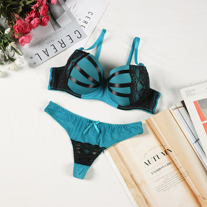 Bra Set Women Sexy Push Up Underwire Backless Lingerie Set Lace Sex Thin Gather Hollow Solid Color Bra Thong Suit Plus Size