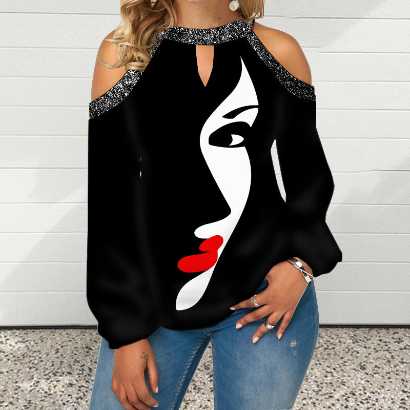 Butterfly Print T Shirt Casual Off Shoulder Cute Cat Loose Pullover Tops Fashion Autumn Clothes Long Sleeve Tops for Women 2022