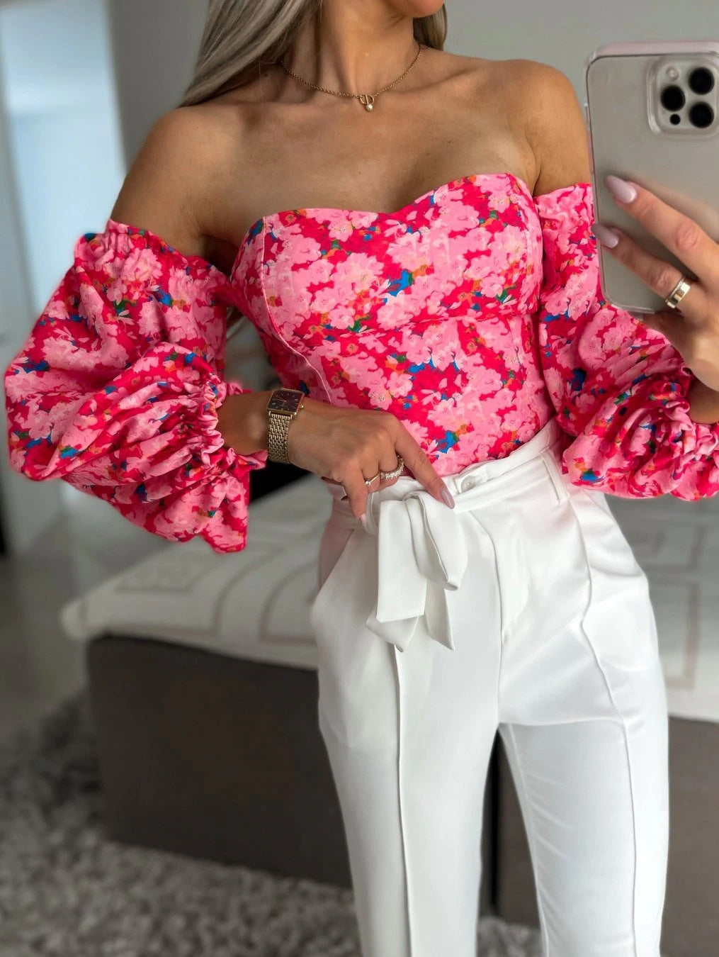 Summer Sexy Off Shoulder Blouses Women Fashion Slash Neck Tube Top Floral Puff Sleeve Blouse Women Vintage Print Crop Top Shirts
