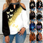 Butterfly Print T Shirt Casual Off Shoulder Cute Cat Loose Pullover Tops Fashion Autumn Clothes Long Sleeve Tops for Women 2022