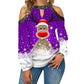 Elk Print T-Shirt Round Neck Off Shoulder Top Christmas Ladies Vintage Long Sleeve Shirt Women Sexy Tops Harajuku Graphic Tee