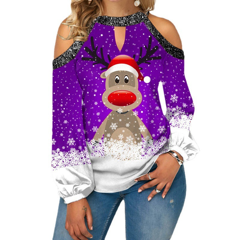 Elk Print T-Shirt Round Neck Off Shoulder Top Christmas Ladies Vintage Long Sleeve Shirt Women Sexy Tops Harajuku Graphic Tee