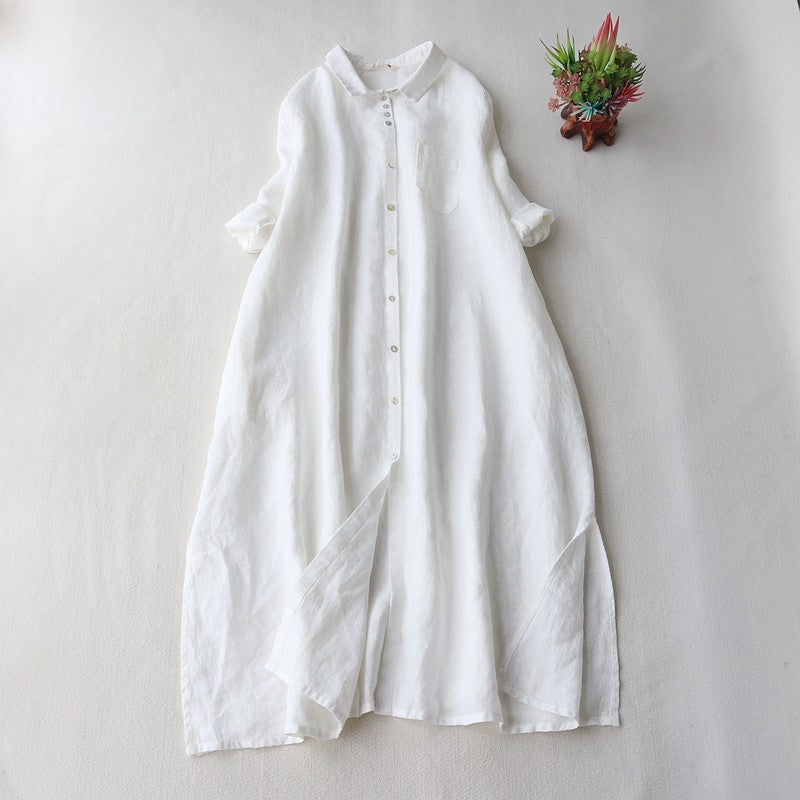 Vintage Long Shirt Dress Women Simple Loose Summer Cotton Linen Lapel Three Quarter Sleeve Black White Blouses Casual Clothing