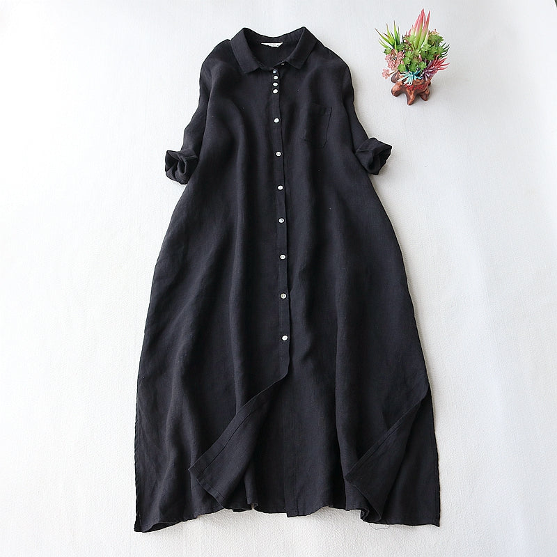 Vintage Long Shirt Dress Women Simple Loose Summer Cotton Linen Lapel Three Quarter Sleeve Black White Blouses Casual Clothing
