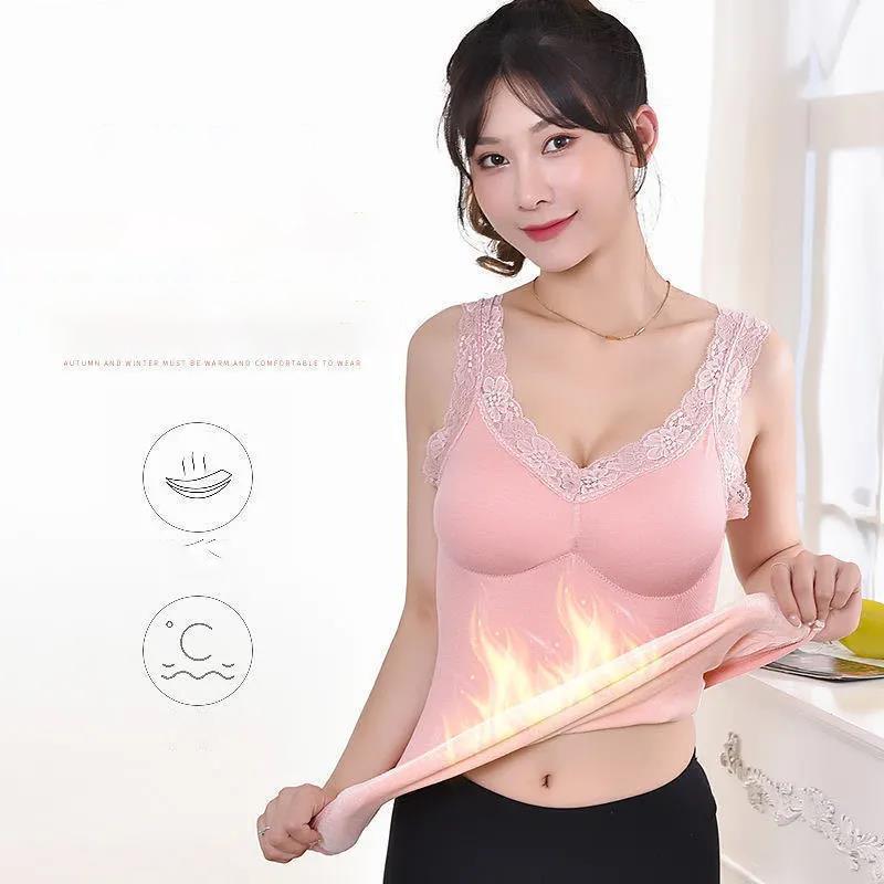 Warm Vest Women's Lace Sling Gathered Underwear Thickened Plus Velvet Sexy Soft Bottoming Shirt Built-in Chest Pad