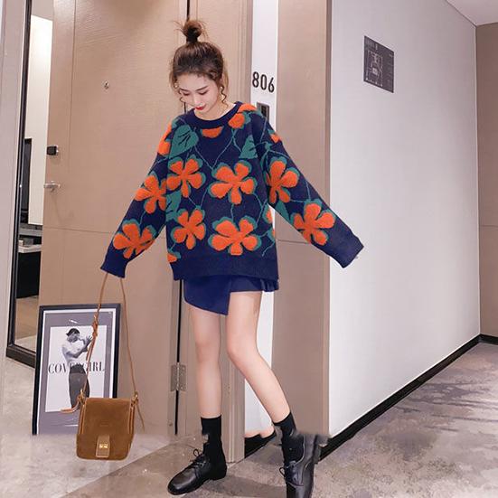 Women's Winter Round Collar Flower Sweater Female Autumn Large Size Outdoor Loose Warm Versatile Knitted Pullover