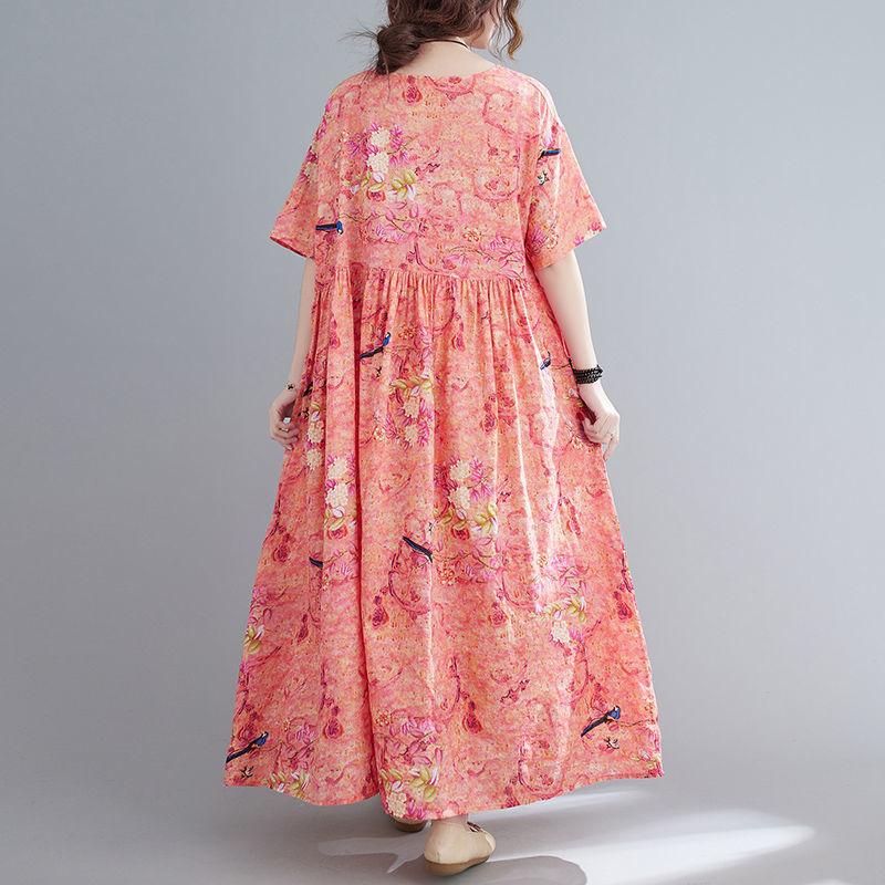 Women's Clothing Long Dress with Pockets and Big Swing Summer Plus Size Loose and Thin Retro Short-sleeved