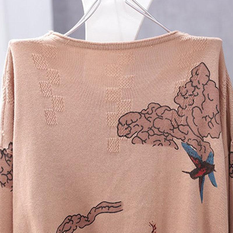 Vintage  Literary Print Long-sleeved Sweater Women Fall/winter Oversized Knit Sweater Outwear  Pullover Jumper Top with Pocket