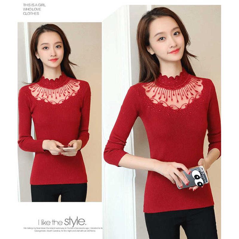 Winter Lace Hollow Turtleneck Sweater Long Sleeve Bottoming Slim Knitted Pullover Women