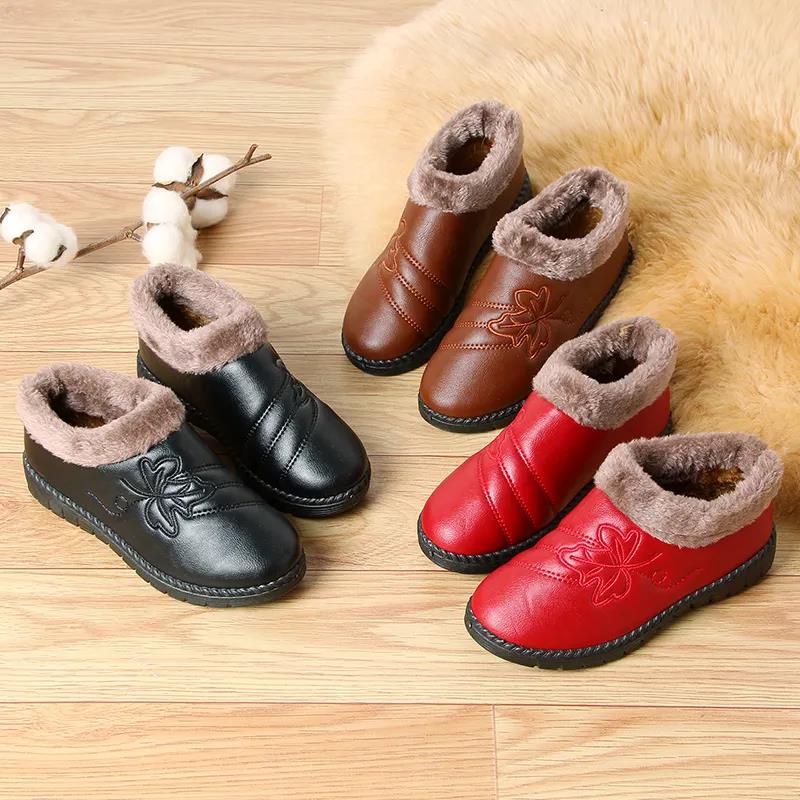Winter Leather Embroidered Cotton Shoes Plus Velvet Warm Women's Shoes Comfortable Non-slip Flat Shoes