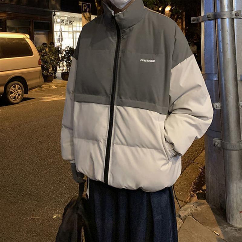 Winter Warm Cotton Clothes Padded Stand-up Collar Padded Jacket Trend Stitching Contrast Color Bread Jacket Men's Jacket Couple Cotton-padded Clothes