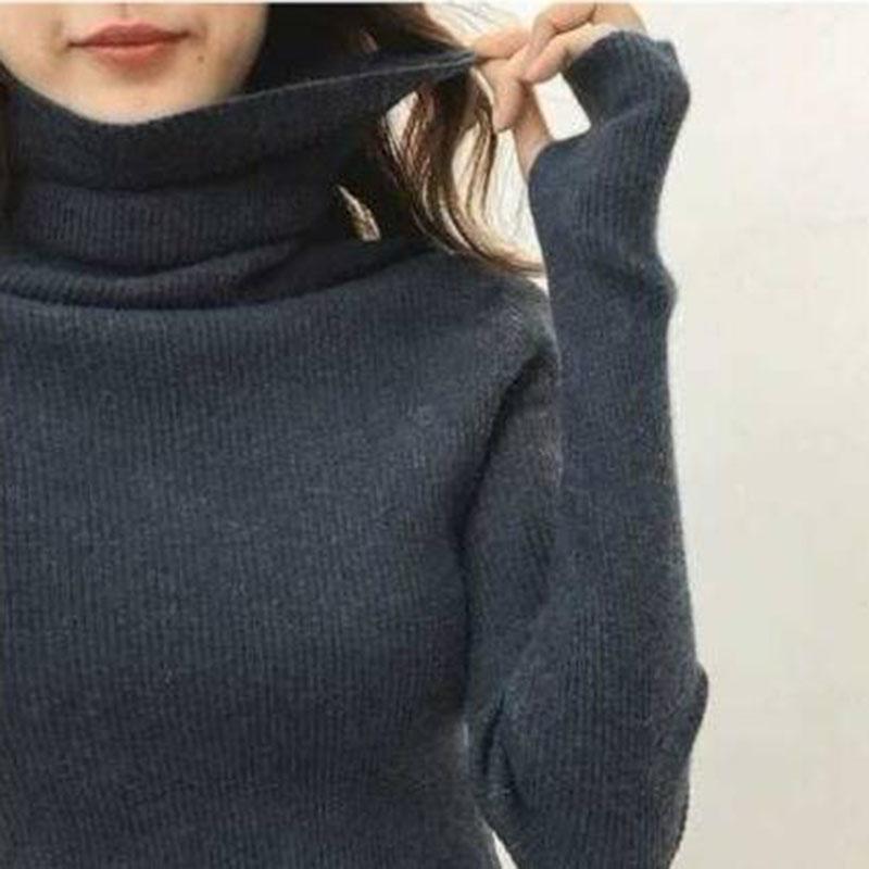 Pofulove Turtleneck Sweater Women Pile Collar Bottoming Shirt Autumn Winter Gloves Sleeve Slim Thick
