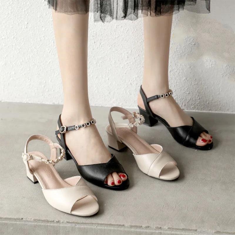 Leather Fish Mouth Sandals Women's Middle Heel Thick Heel Buckle Strap Korean Style Summer Women's Shoes