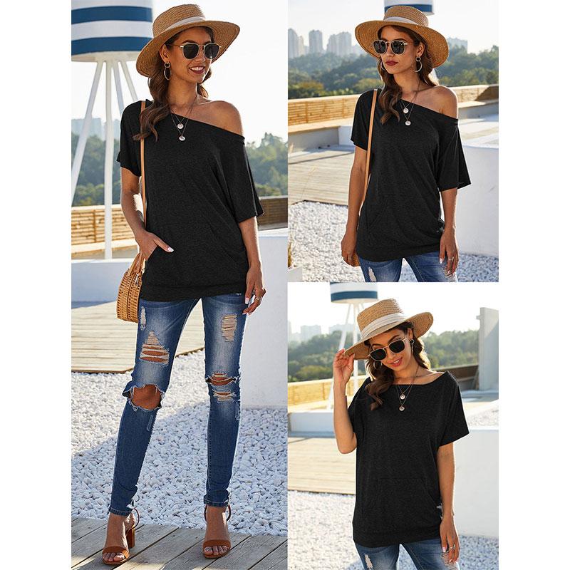 Solid T-shirt Casual Personality Pocket Shirt Summer One Shoulder Top Aesthetic Clothes Loose Shirts for Women Harajuku Blouse Female Lazy Shirts