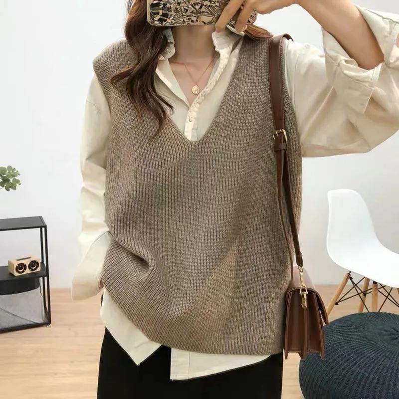 Retro V-neck Knitted Vest Women Spring and Autumn Waistcoat All-match Loose Vest Jacket