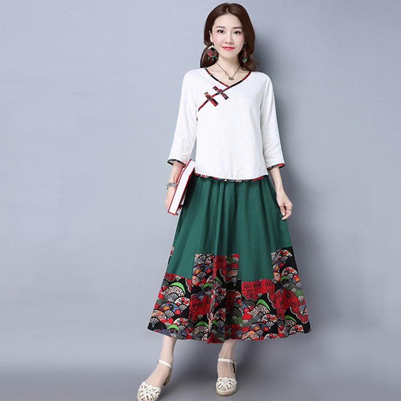Four Seasons Skirt Stitching Ethnic Style Women's Skirts Cotton and Linen Large Swing Mid-length Skirt Retro Was Thin