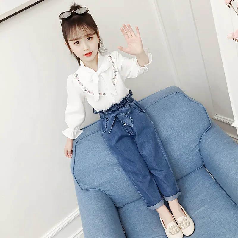 Girls' Spring and Autumn Suits Korean Version Cute and Sweet Style Suits Bow Tie Decoration Long-sleeved Shirts and Jeans Two-piece Suits