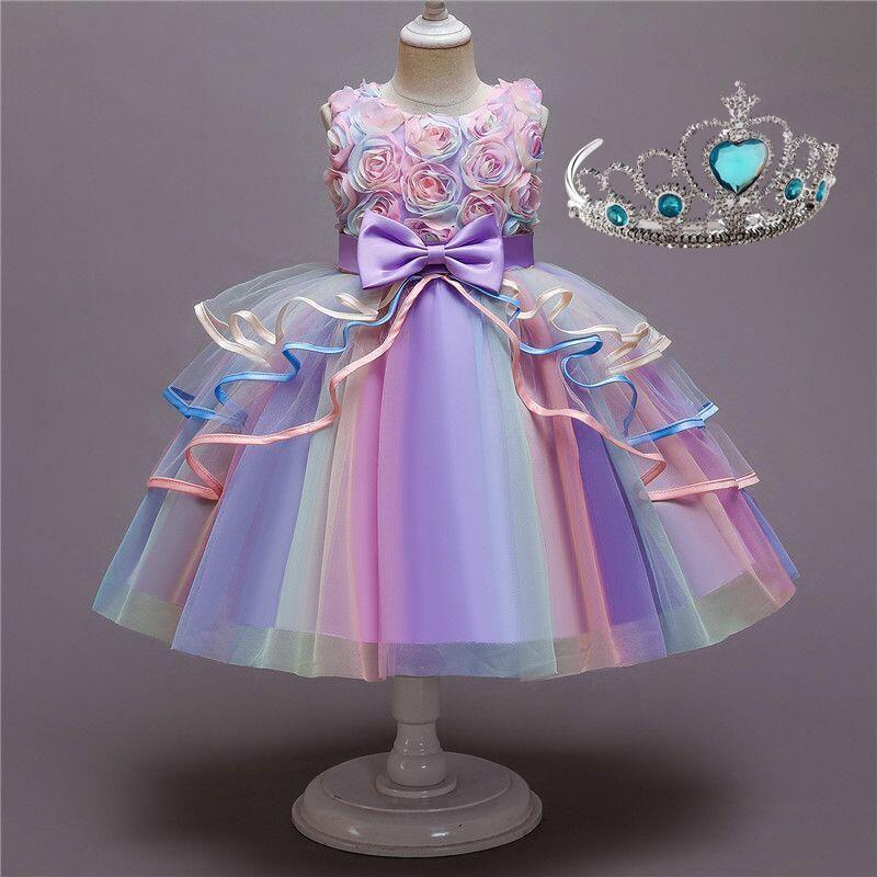 Kids Unicorn Dress for Girls Flower Appliques Gown Little Girl Sleeveless Princess Dresses Elegant Party Costumes Children Clothing
