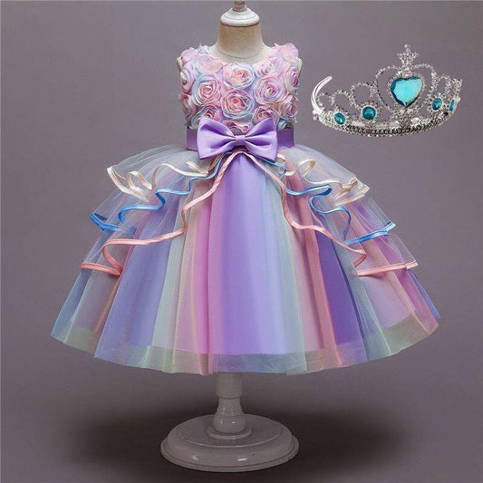Kids Unicorn Dress for Girls Flower Appliques Gown Little Girl Sleeveless Princess Dresses Elegant Party Costumes Children Clothing