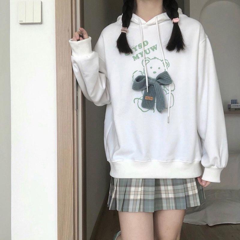 Winter Hoodies Women Hooded Tops Thick Fleece Pullovers White Fashion Bear Printed Fall Women Oversized Loose Knitted Bow Harajuku Sweatshirts