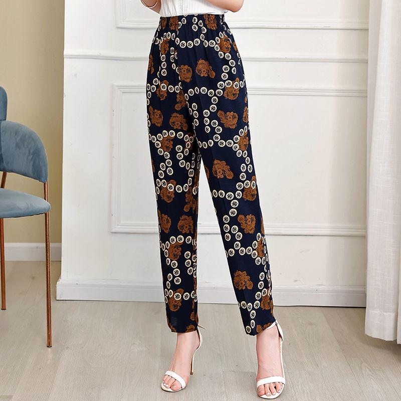 Cotton Linen Women's Trousers Flower Pants Plus Size Elastic Waist Straight-leg Pants Printed Fashion Casual Pants Summer